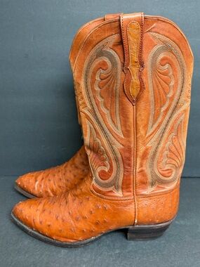 Larry Mahan Full Quill Ostrich Men Size 10 EE Leather Western Cowboy Boots Brown
